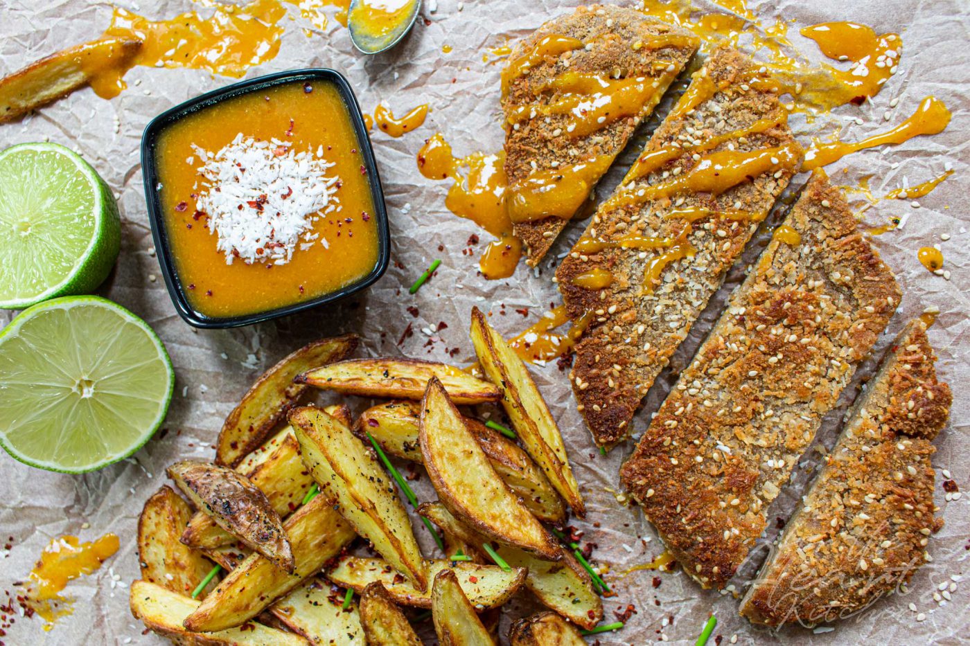 Seitan Schnitzel mit Kokos-Sesam-Kruste und fruchtiger Mango-Curry ...