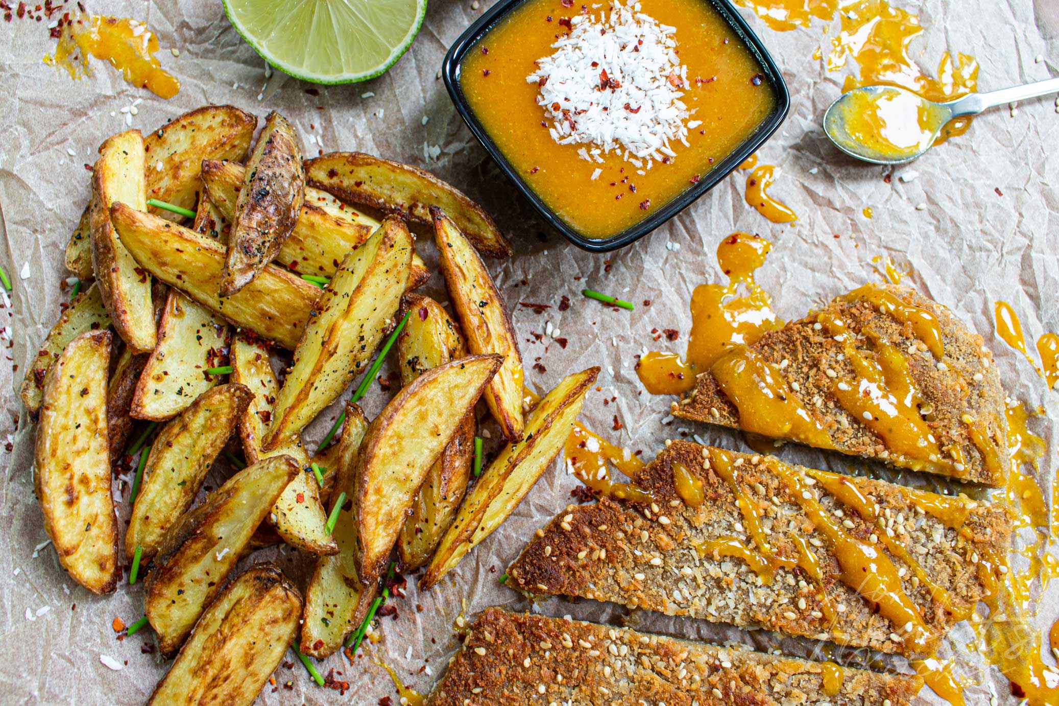 Seitan Schnitzel mit Kokos-Sesam-Kruste und fruchtiger Mango-Curry ...